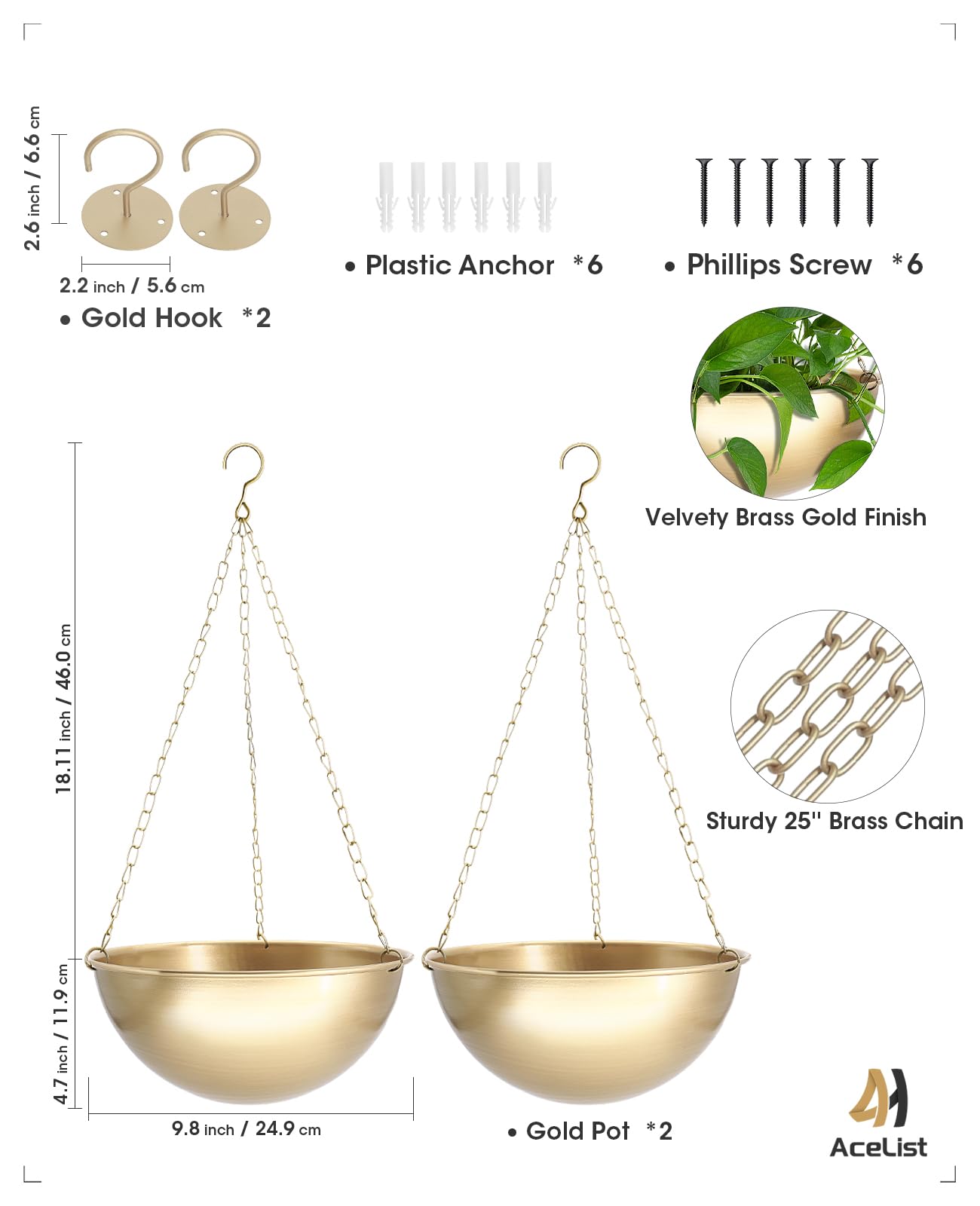 AceList gold hanging planter in window setup adds bright, stylish indoor decor.