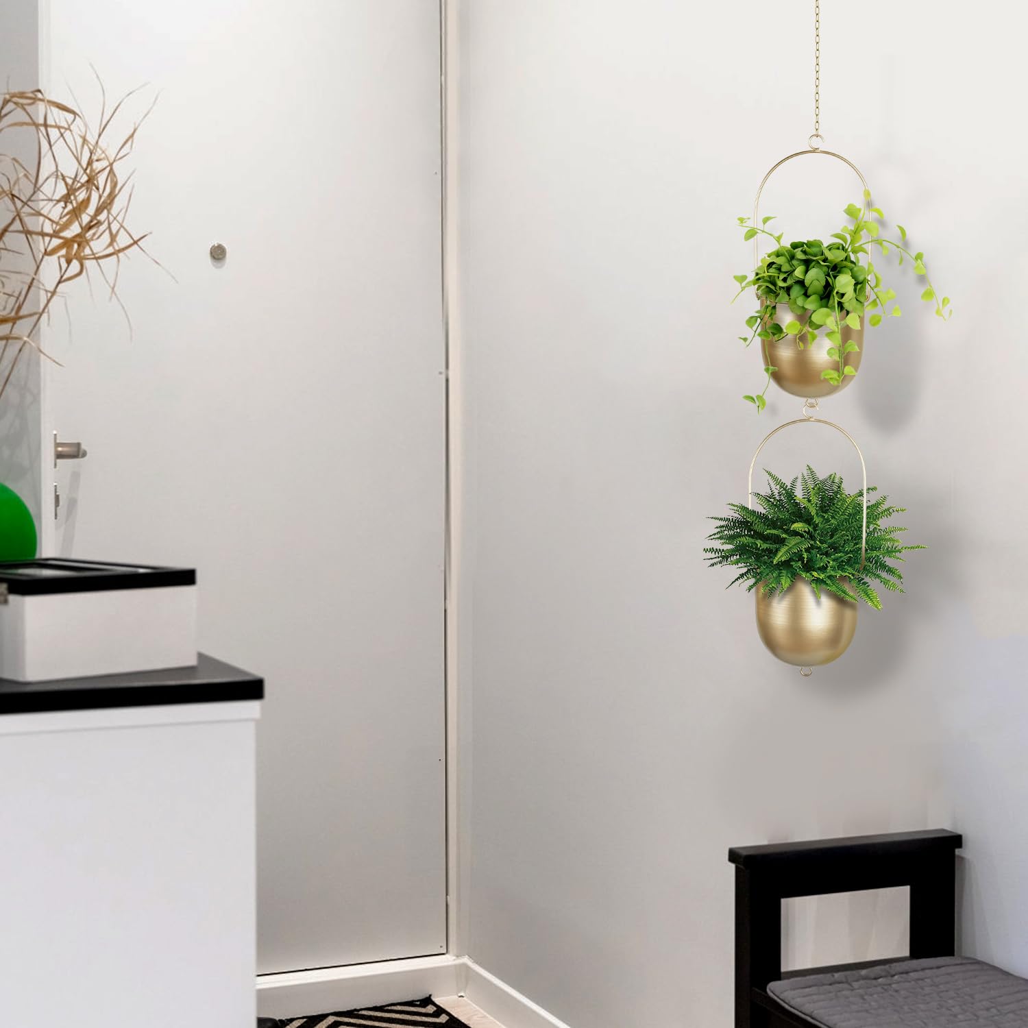 Indoor-outdoor decor idea featuring AceList gold planters.