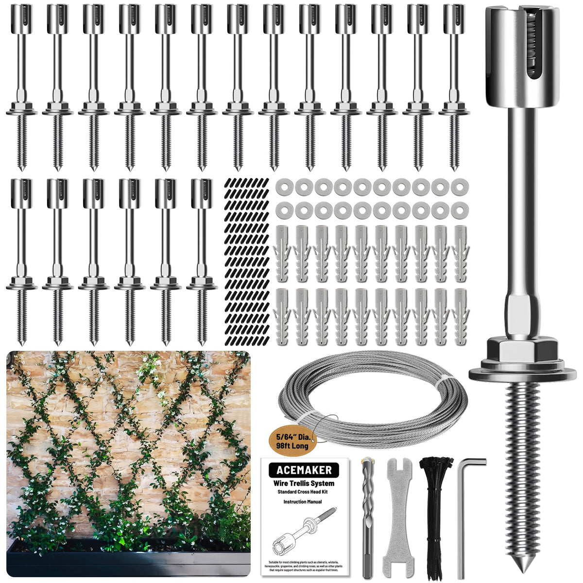 Acemaker wire trellis kit contents for quick outdoor installation.