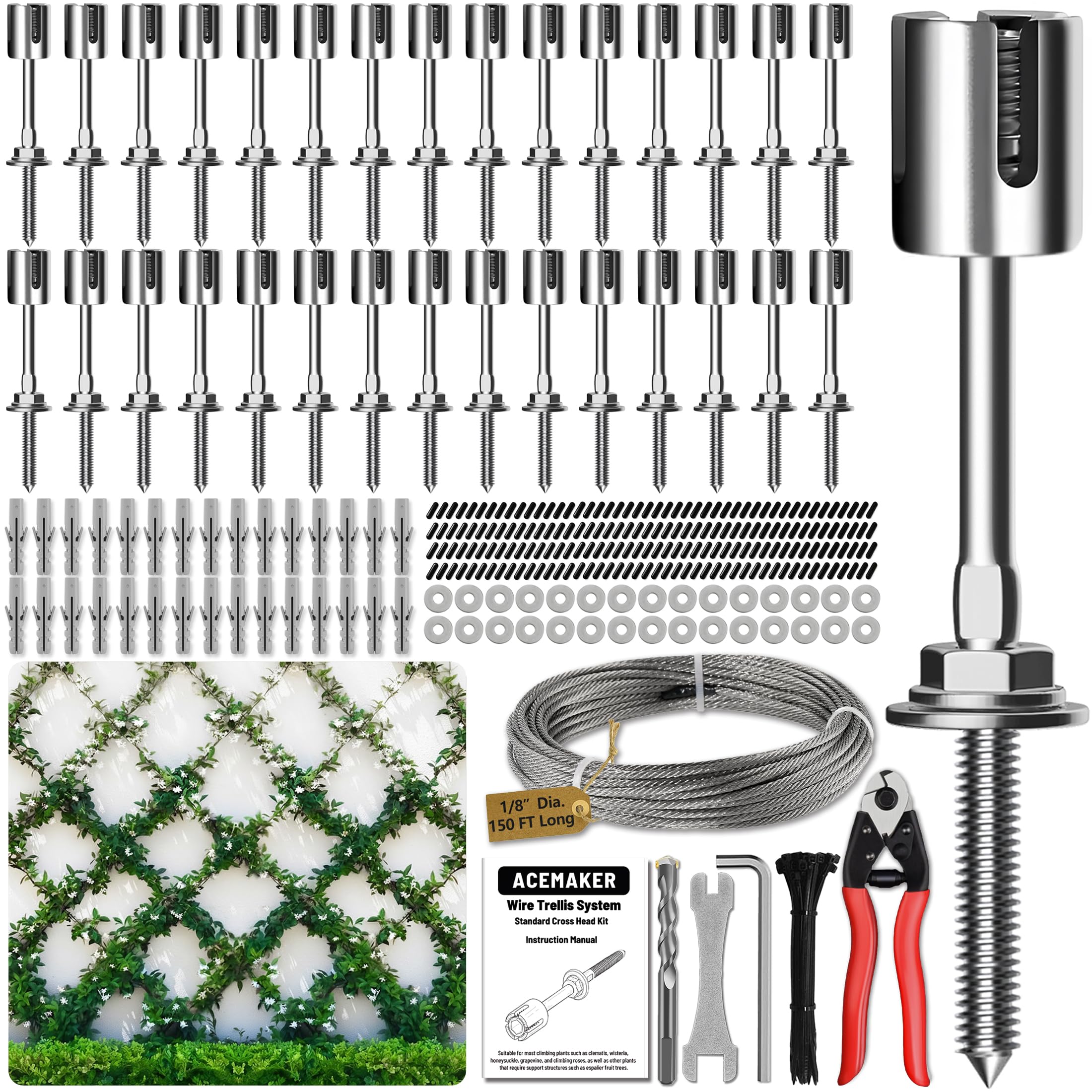 Acemaker wire trellis kit demonstrates a diamond layout on a wall for climbing plants.