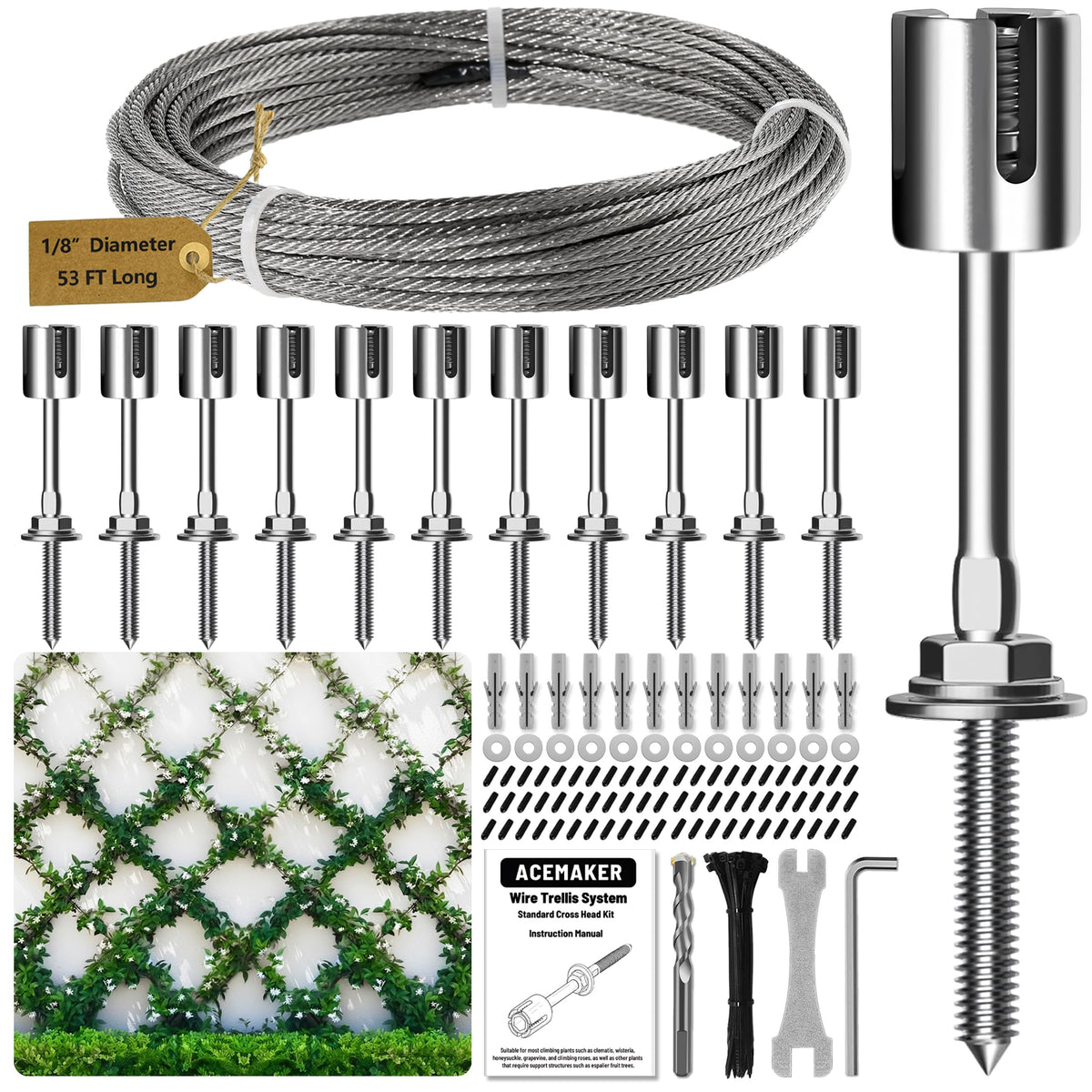 Acemaker wire trellis kit shows a diamond wall layout for climbing plants.