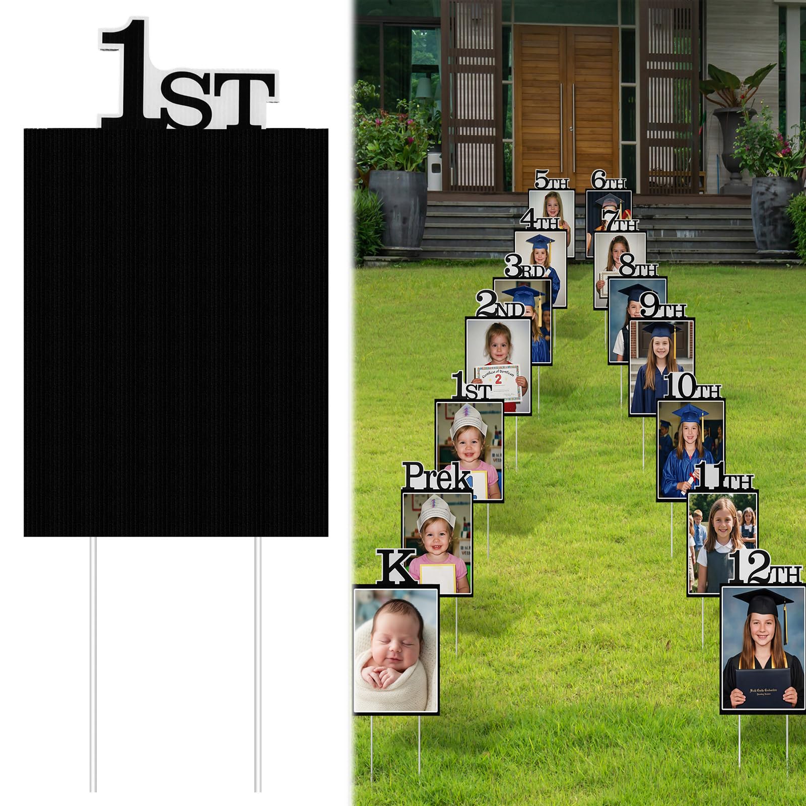 AceOrbit graduation yard signs 9x16 display a visual timeline of kindergarten through senior year outdoors.