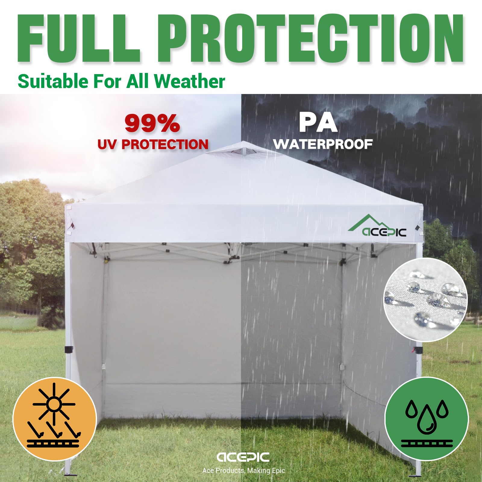Acepic 300D oxford fabric top delivers durable, wind-resistant shade