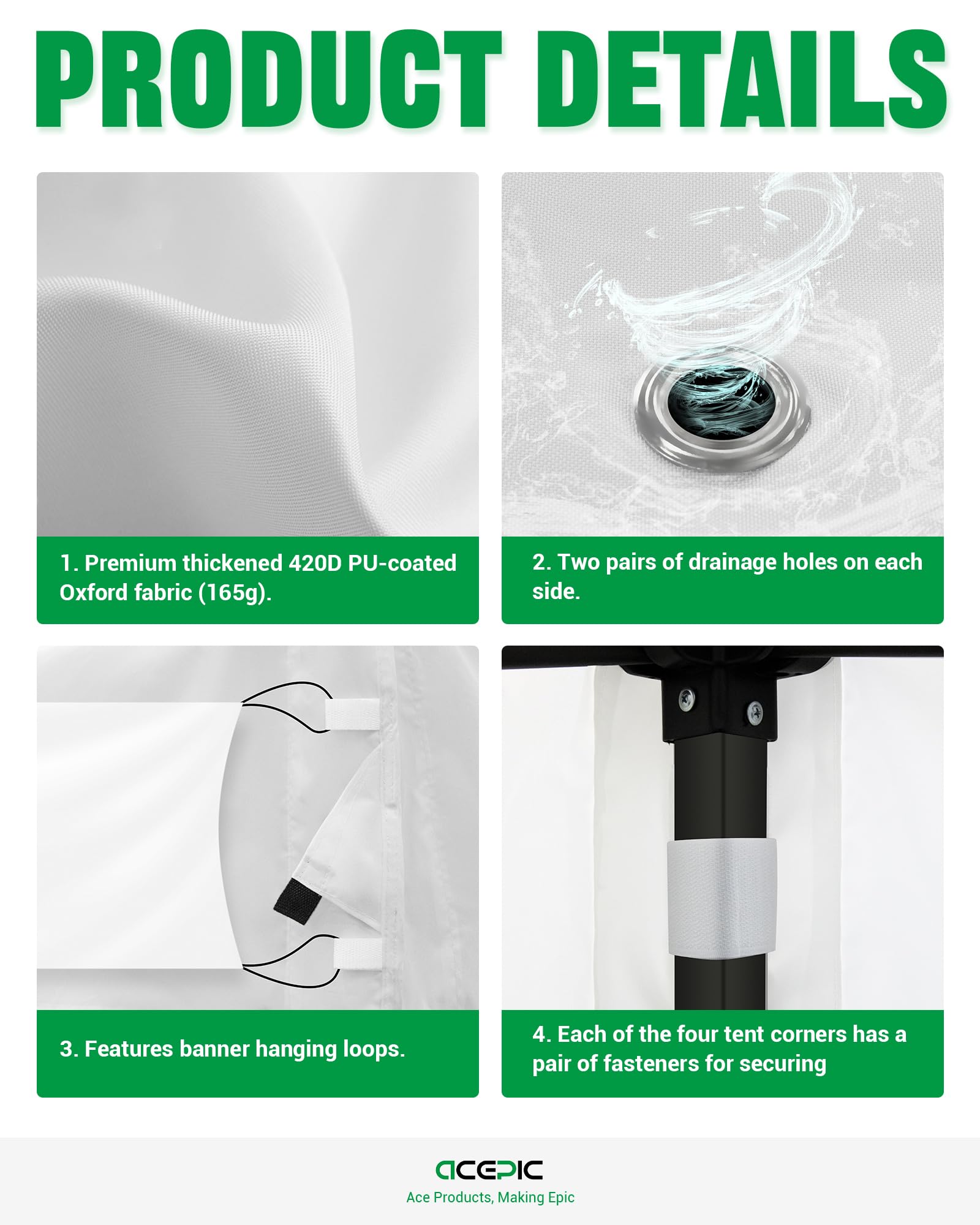 Acepic banner ears and elastic hooks enable easy setup and fixing