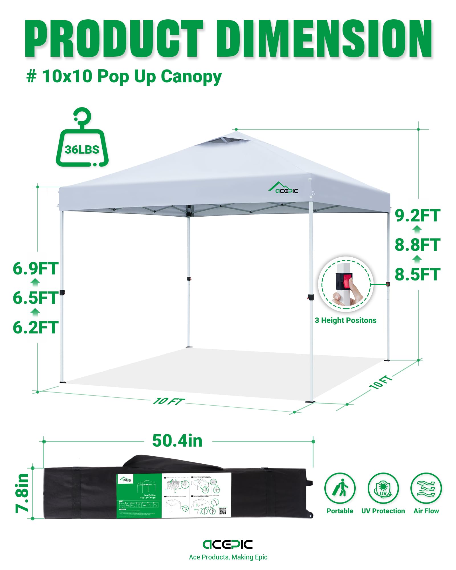 Acepic sandbags and pegs stabilize the canopy on windy days.