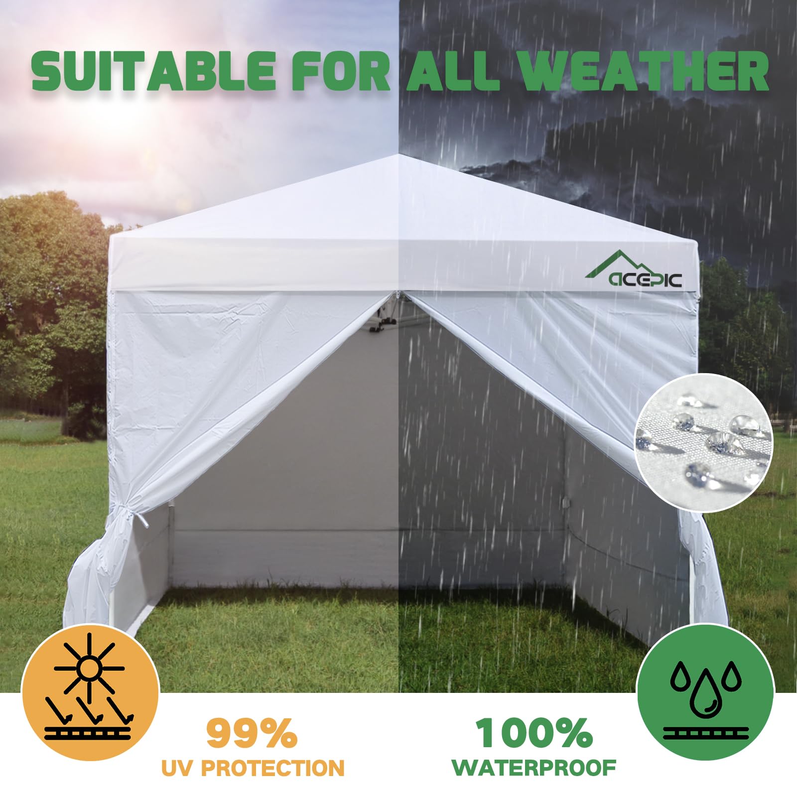 Acepic sidewalls demonstrate wind resistance during outdoor setup.
