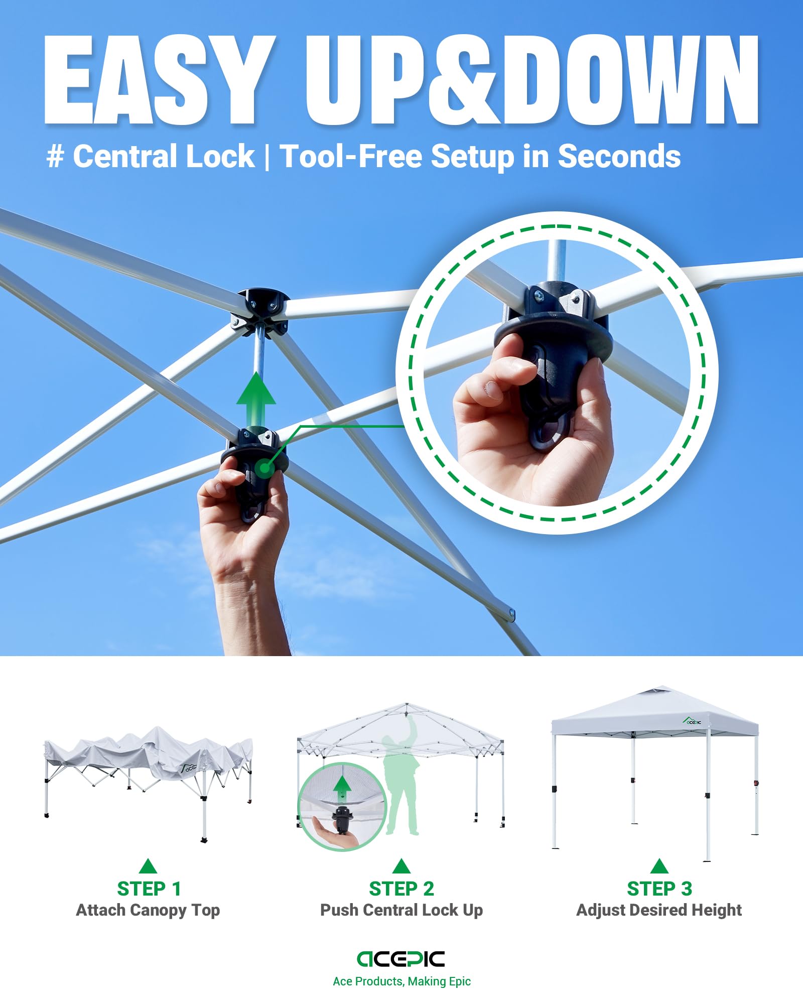 Acepic vented top canopy promotes airflow for cooler shade.