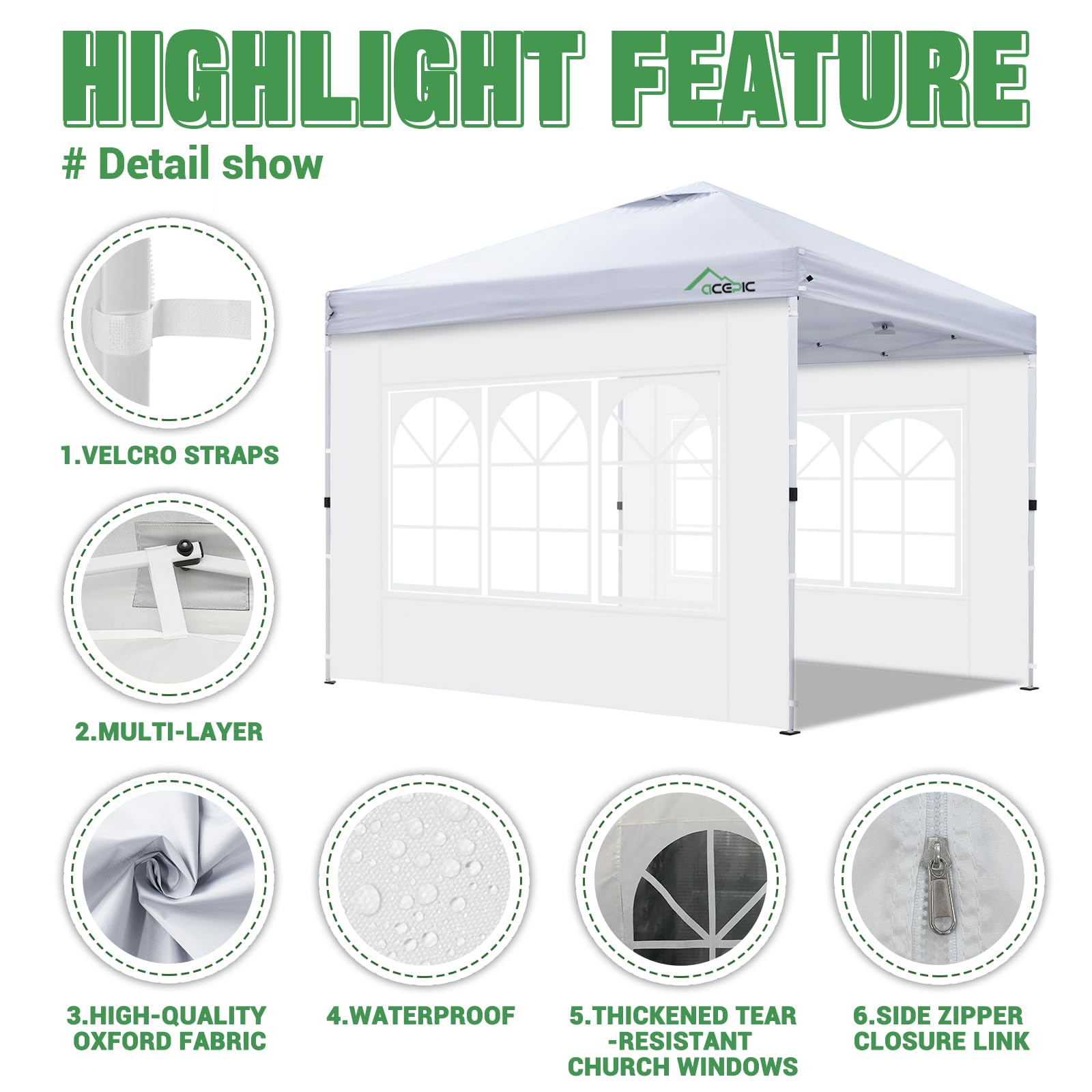 Acepic window sidewall made with 210D Oxford fabric for durability