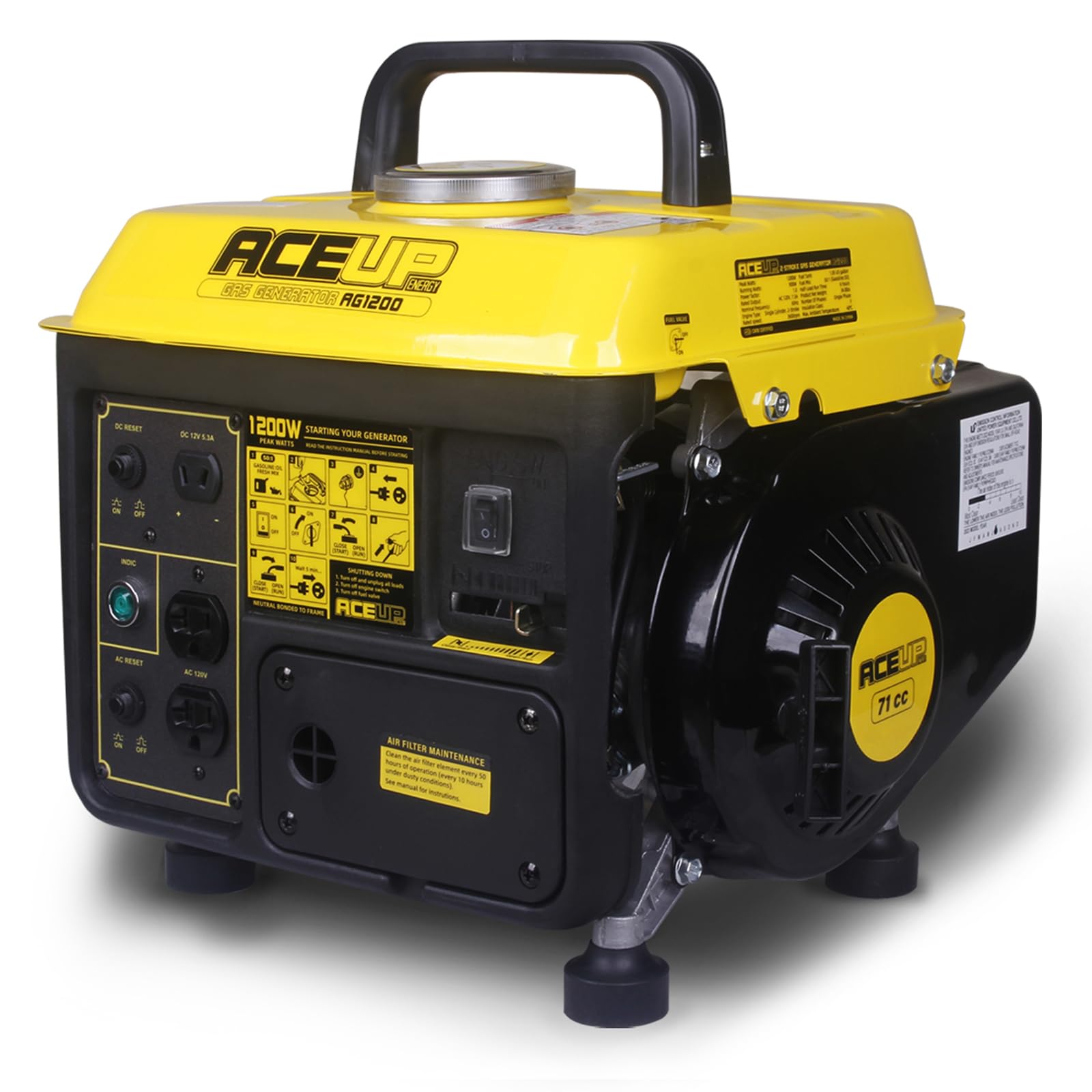 Aceup Energy 1200W generator front view, compact home backup option.