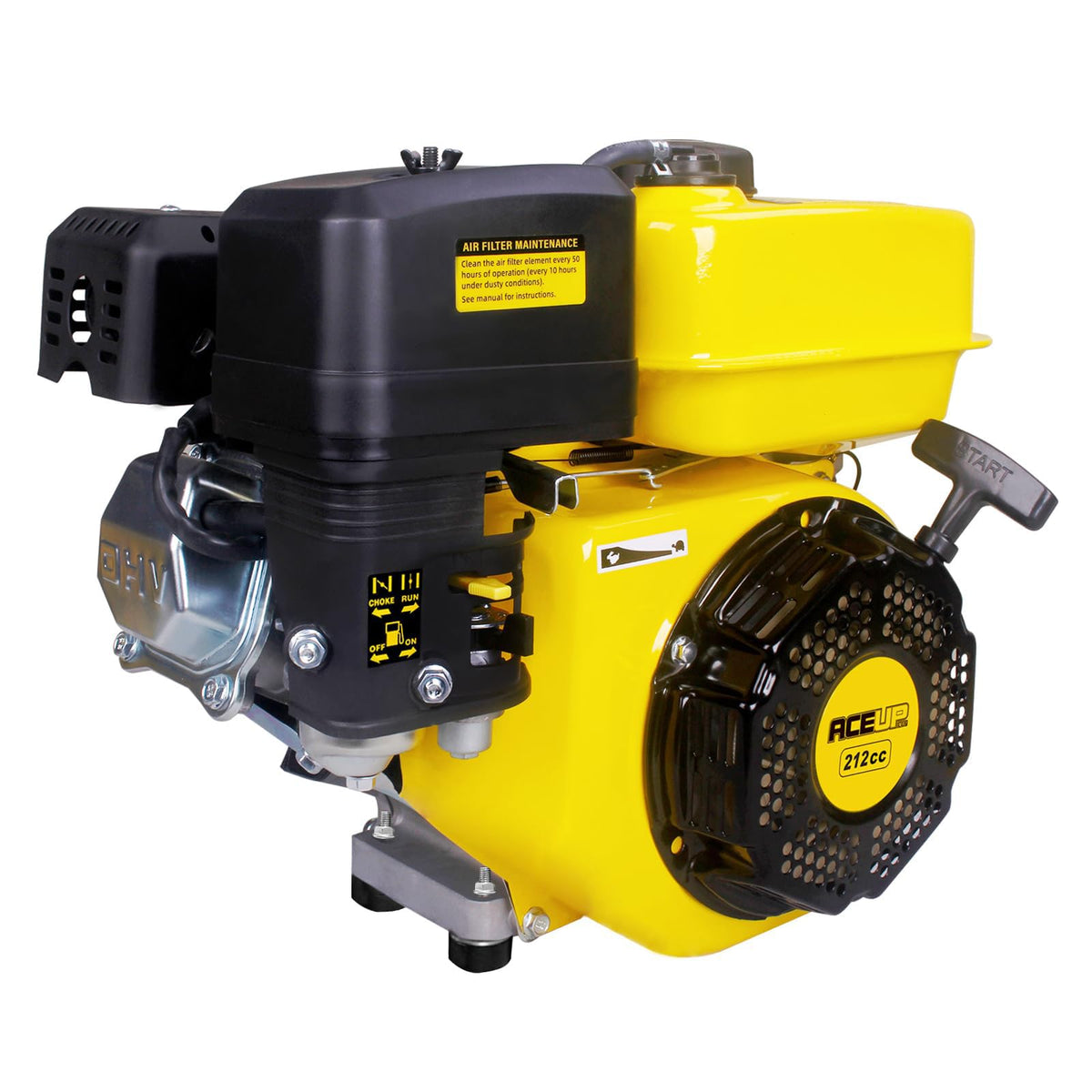 Aceup Energy 7HP engine front view shows compact horizontal shaft design for reliable power.