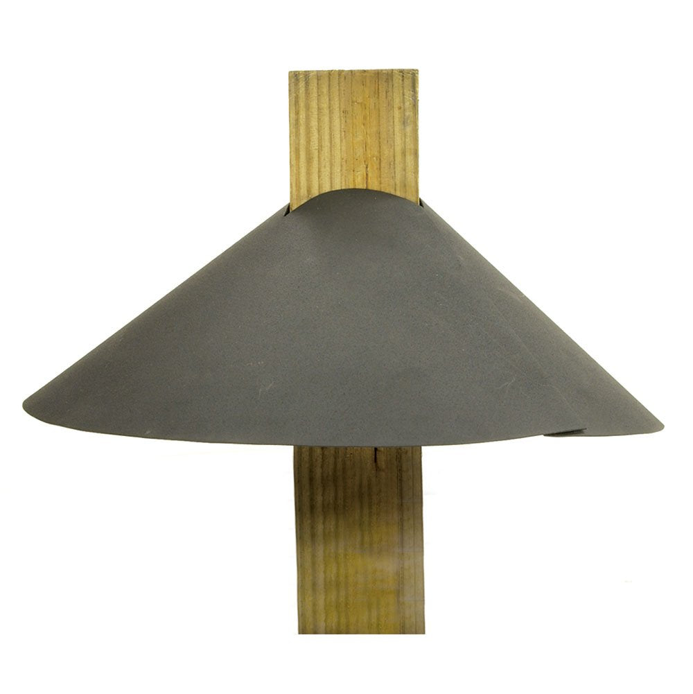 Achla Designs squirrel deflector mounted on a 4x4 post protects seed from squirrels
