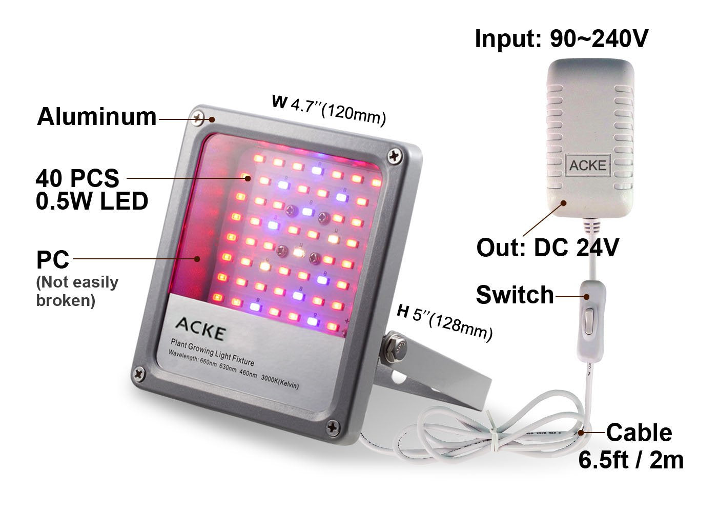 ACKE LED grow light low heat output protects tender leaves.