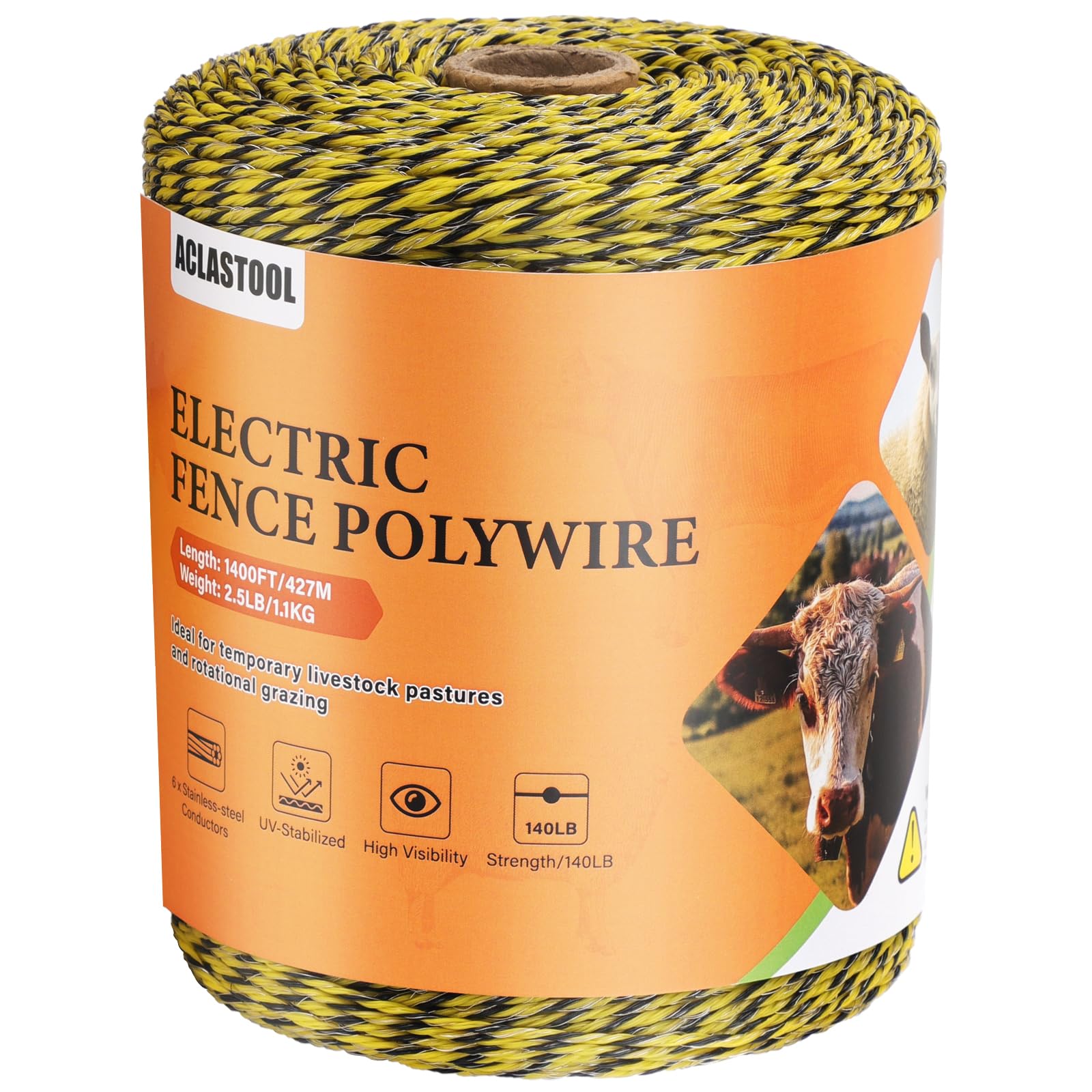 Aclastool electric fence polywire 1400ft roll provides durable containment for livestock.