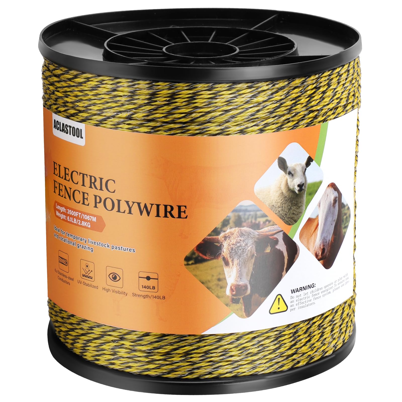 Aclastool polywire 3500ft reel for long-range livestock fencing and quick setup.