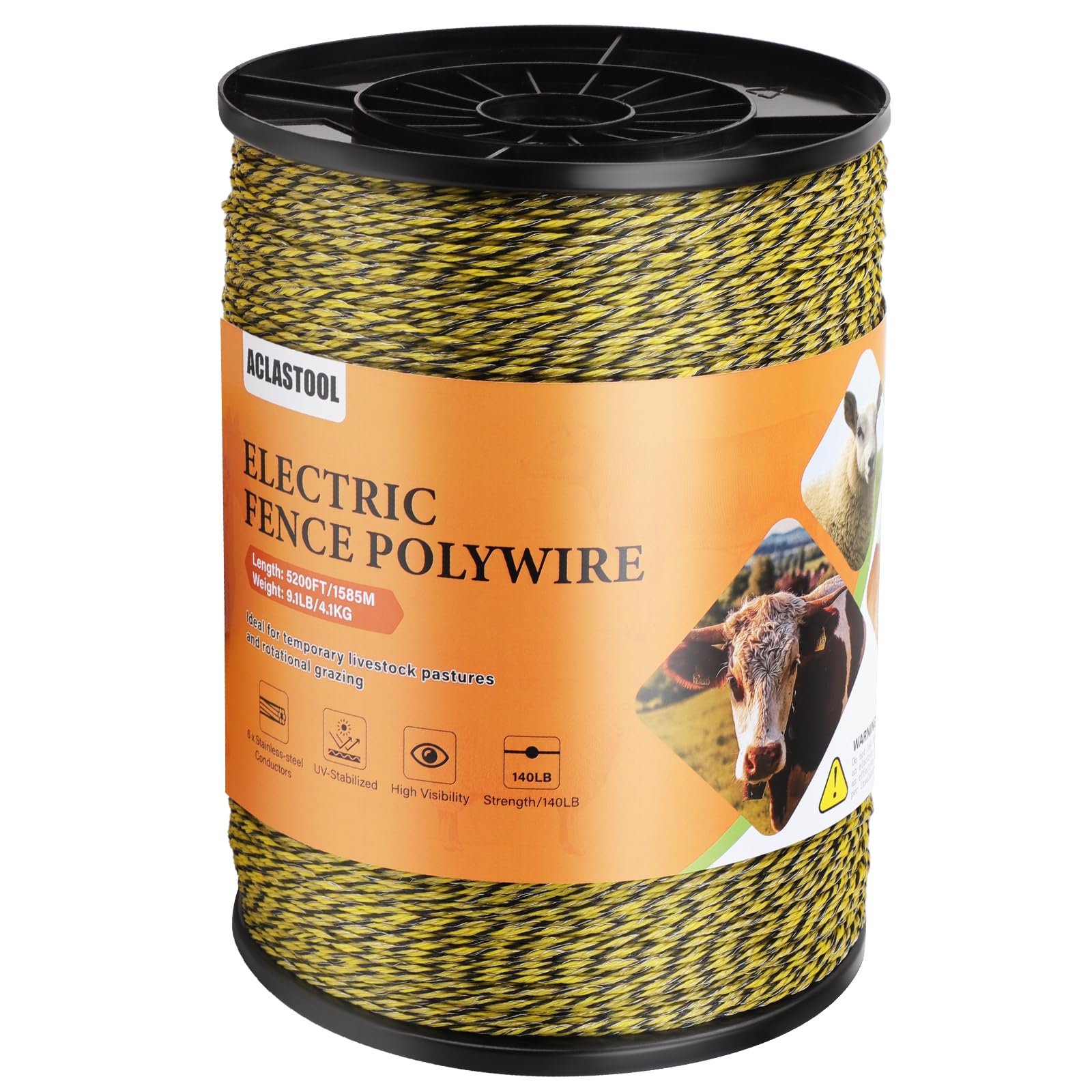 Aclastool electric fence polywire spool showing 5200ft length for extensive pasture fencing.