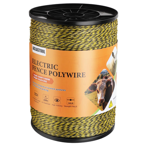Aclastool electric fence polywire spool showing 5200ft length for extensive pasture fencing.