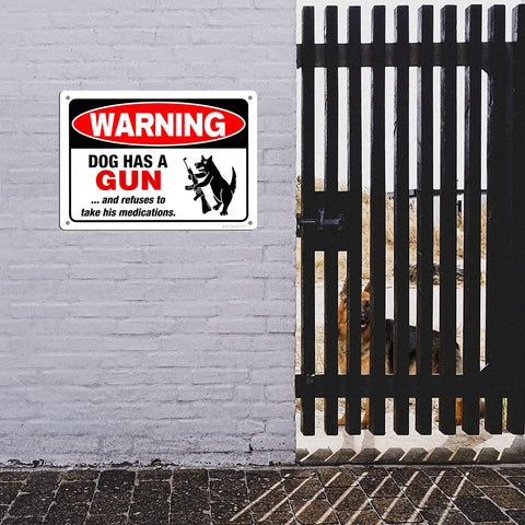 aconatic humorous dog sign with gun motif for outdoor decor.