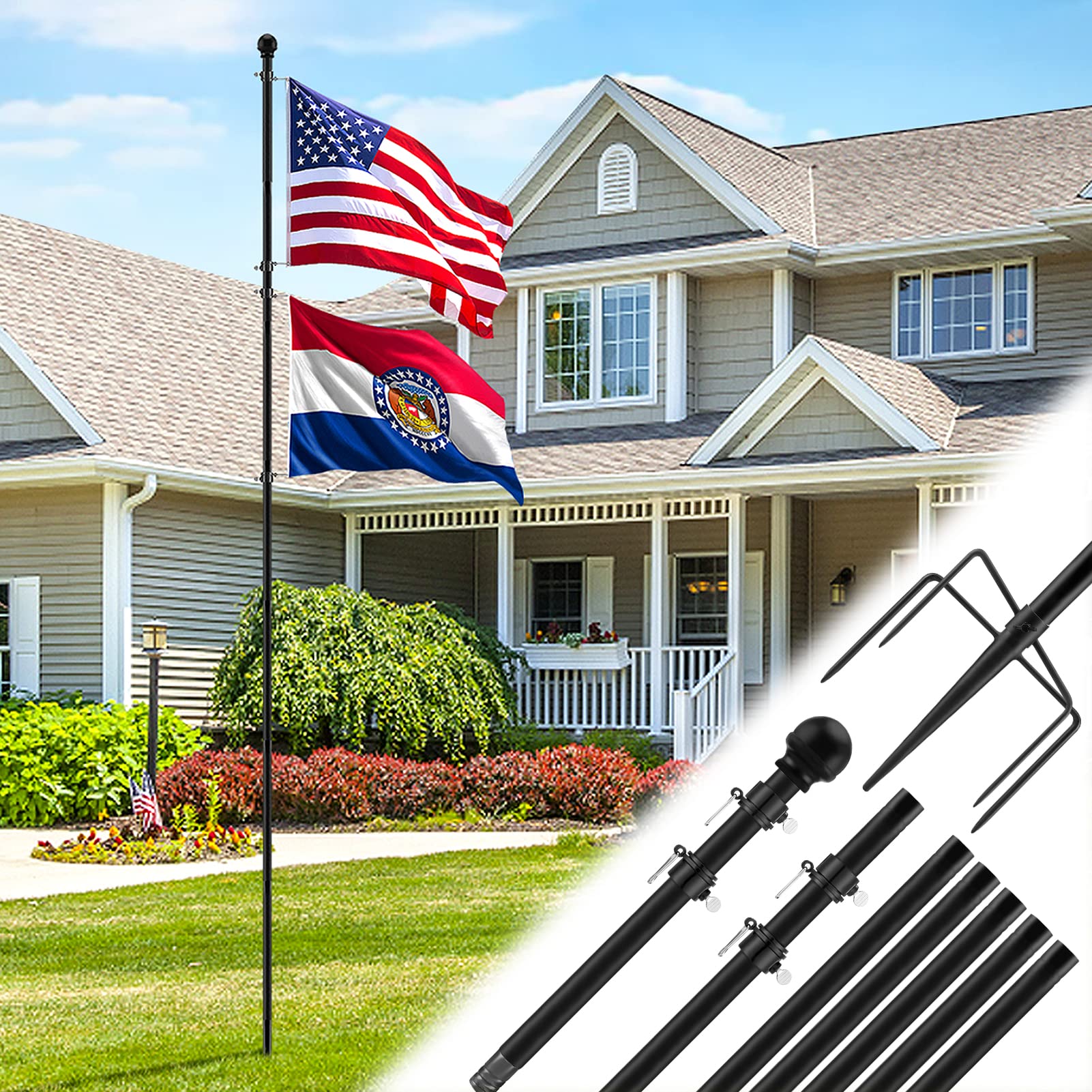 Acostop 10 ft in-ground flag pole displaying two flags for front yard display.