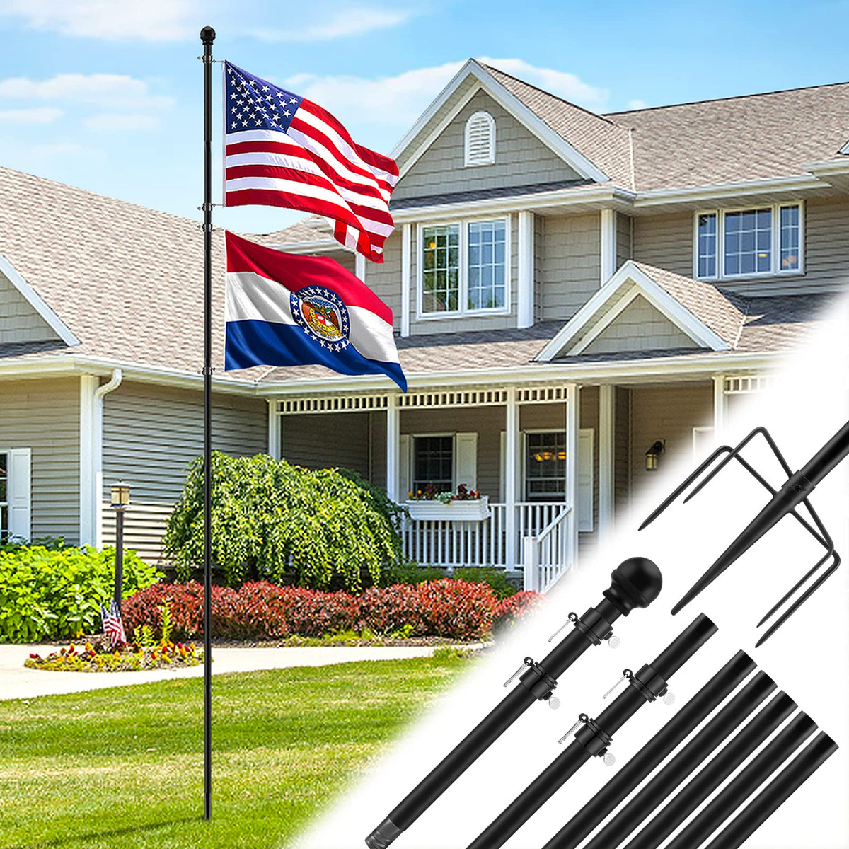 Acostop 10 ft in-ground flag pole displaying two flags for front yard display.