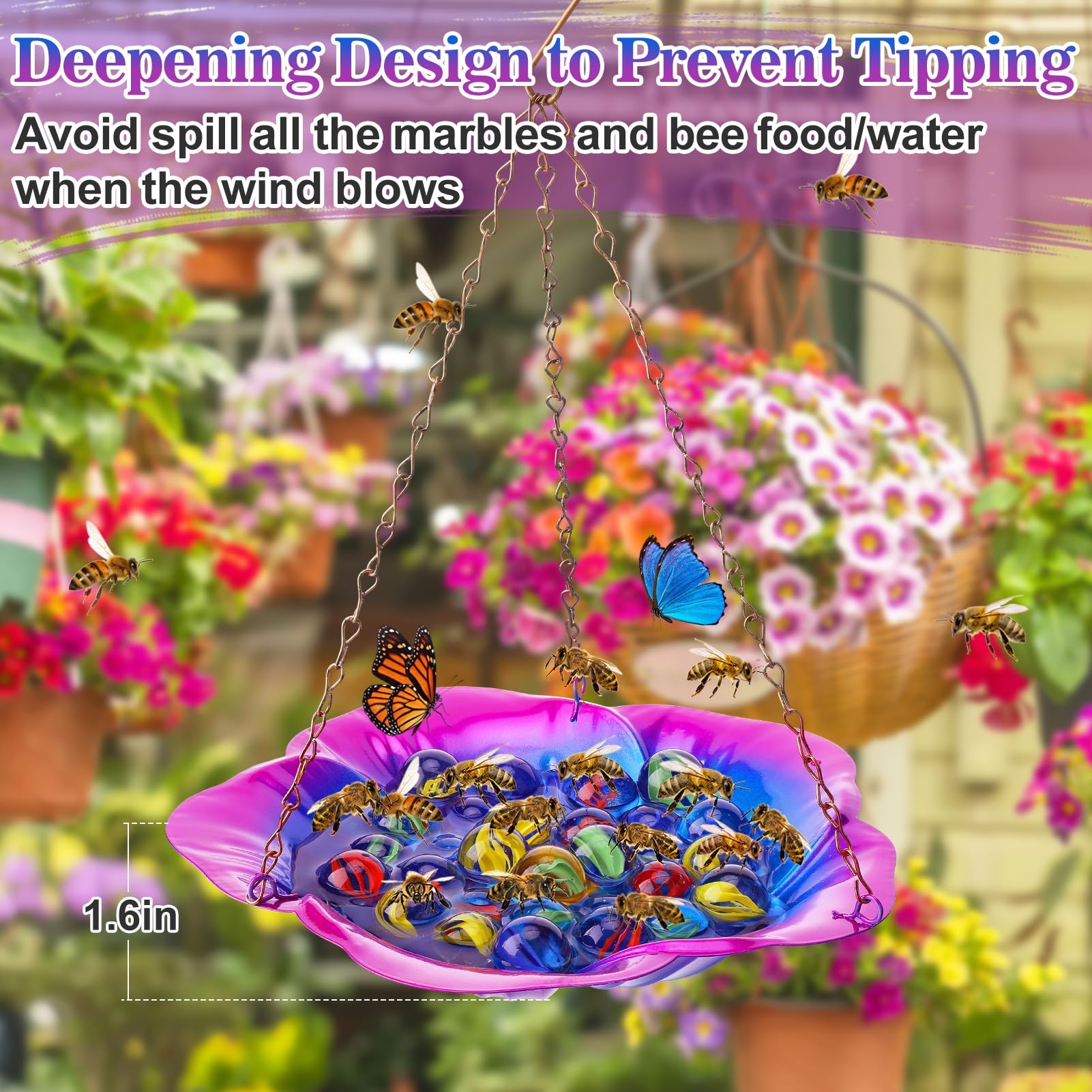Acostop bee bath dish with 30 glass marbles provides safe landing for bees.