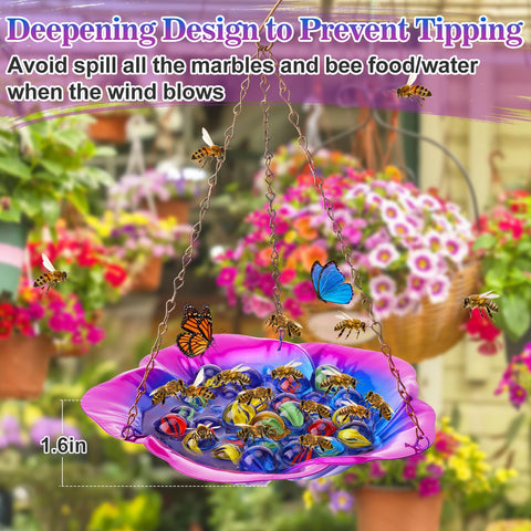 Acostop bee bath dish with 30 glass marbles provides safe landing for bees.