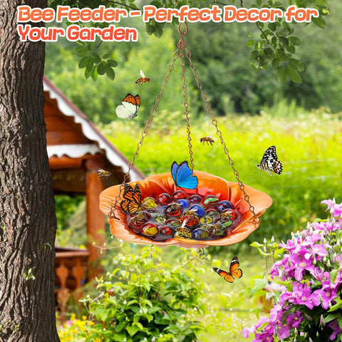 Acostop bee feeder includes 30 glass marbles for safe landings.