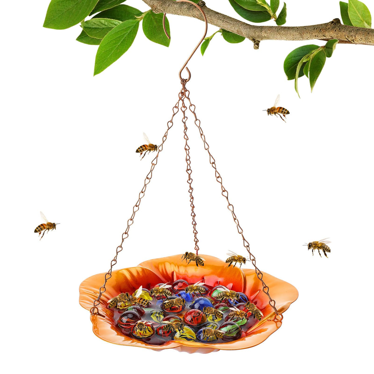 Acostop bee feeder with hibiscus orange design attracts pollinators and adds color.
