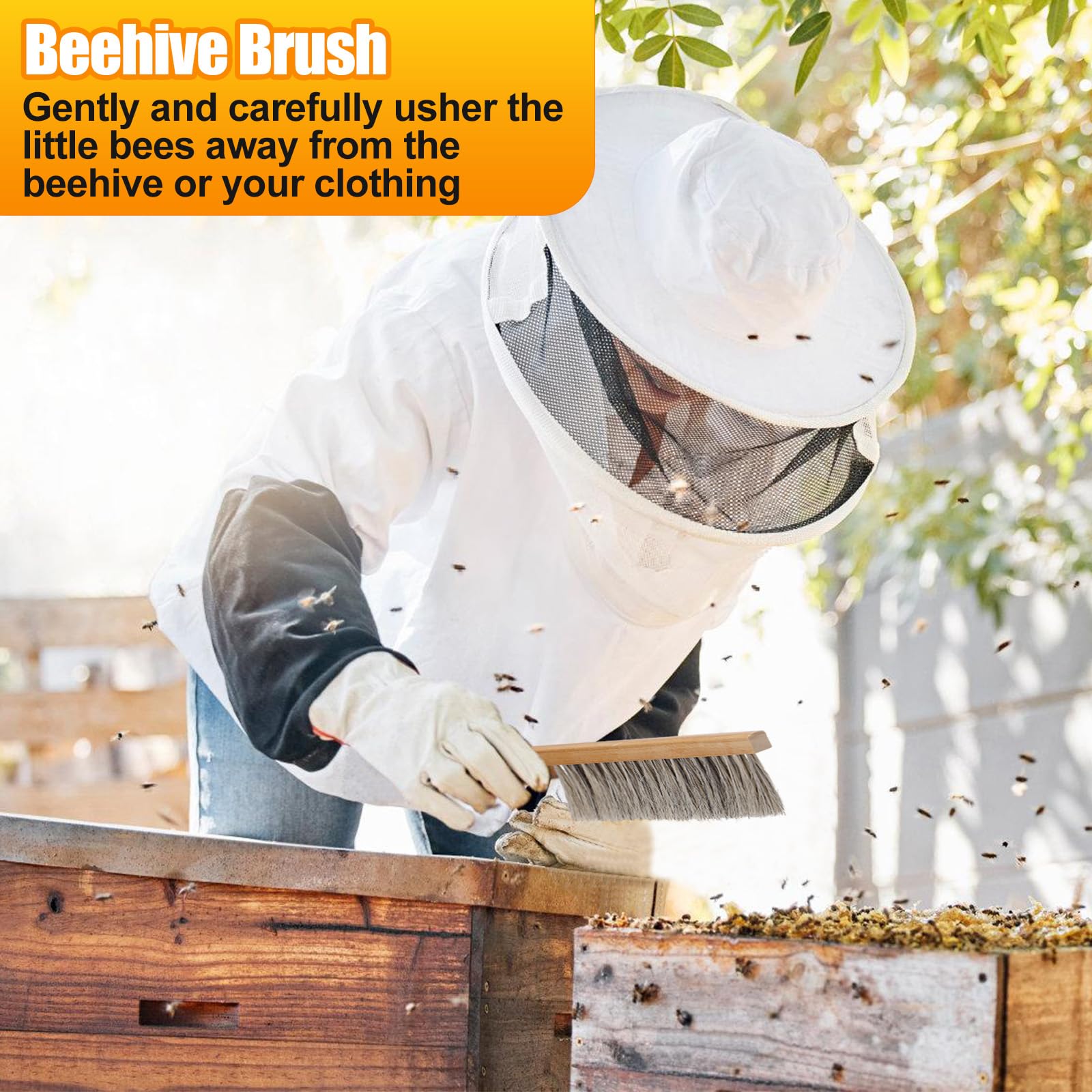 Acostop beehive frame lifter tool in use for safe frame removal.