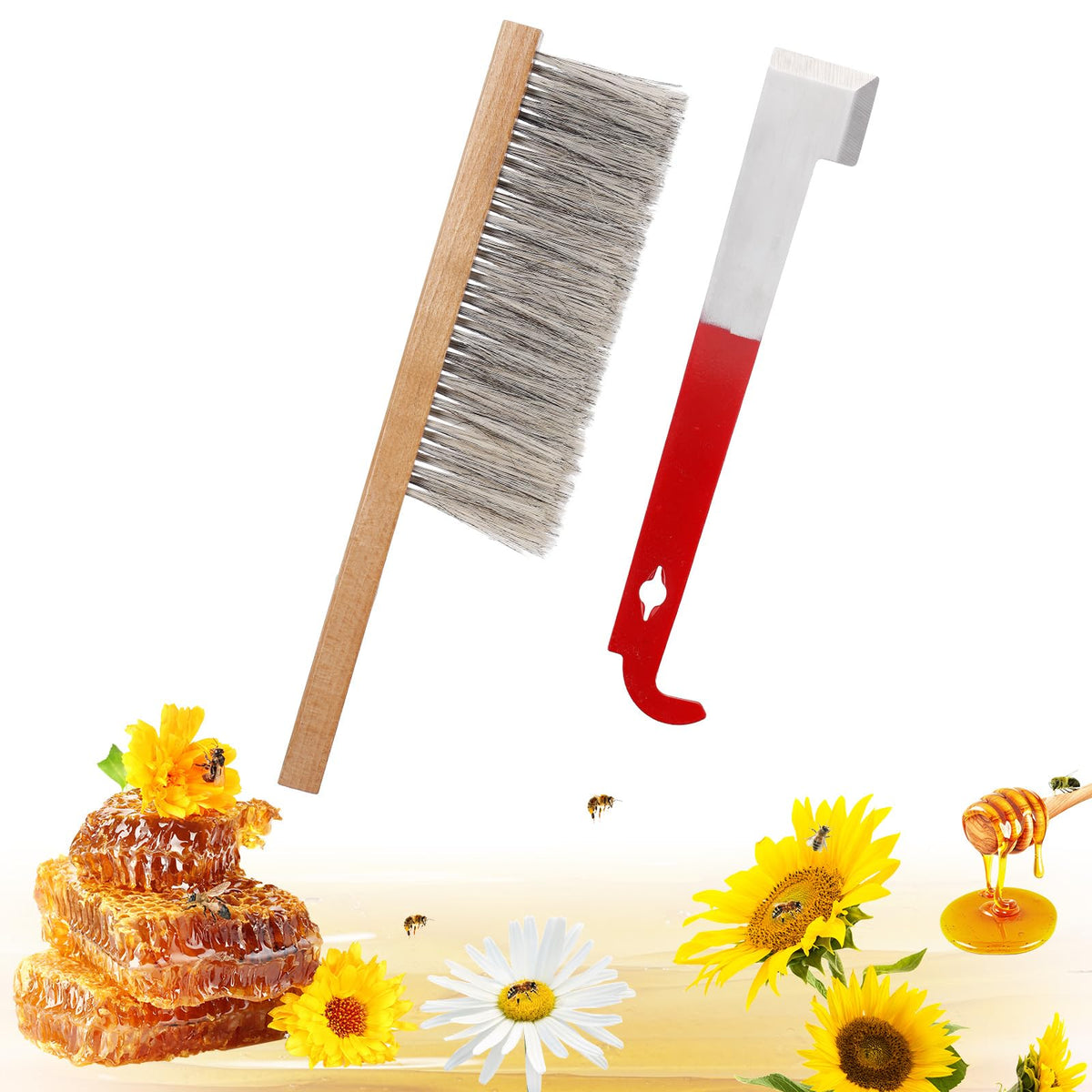 Acostop beehive brush with natural horsehair cleans frames gently, reducing bee disturbance.