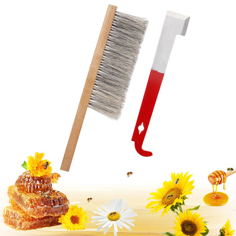 Acostop beehive brush with natural horsehair cleans frames gently, reducing bee disturbance.