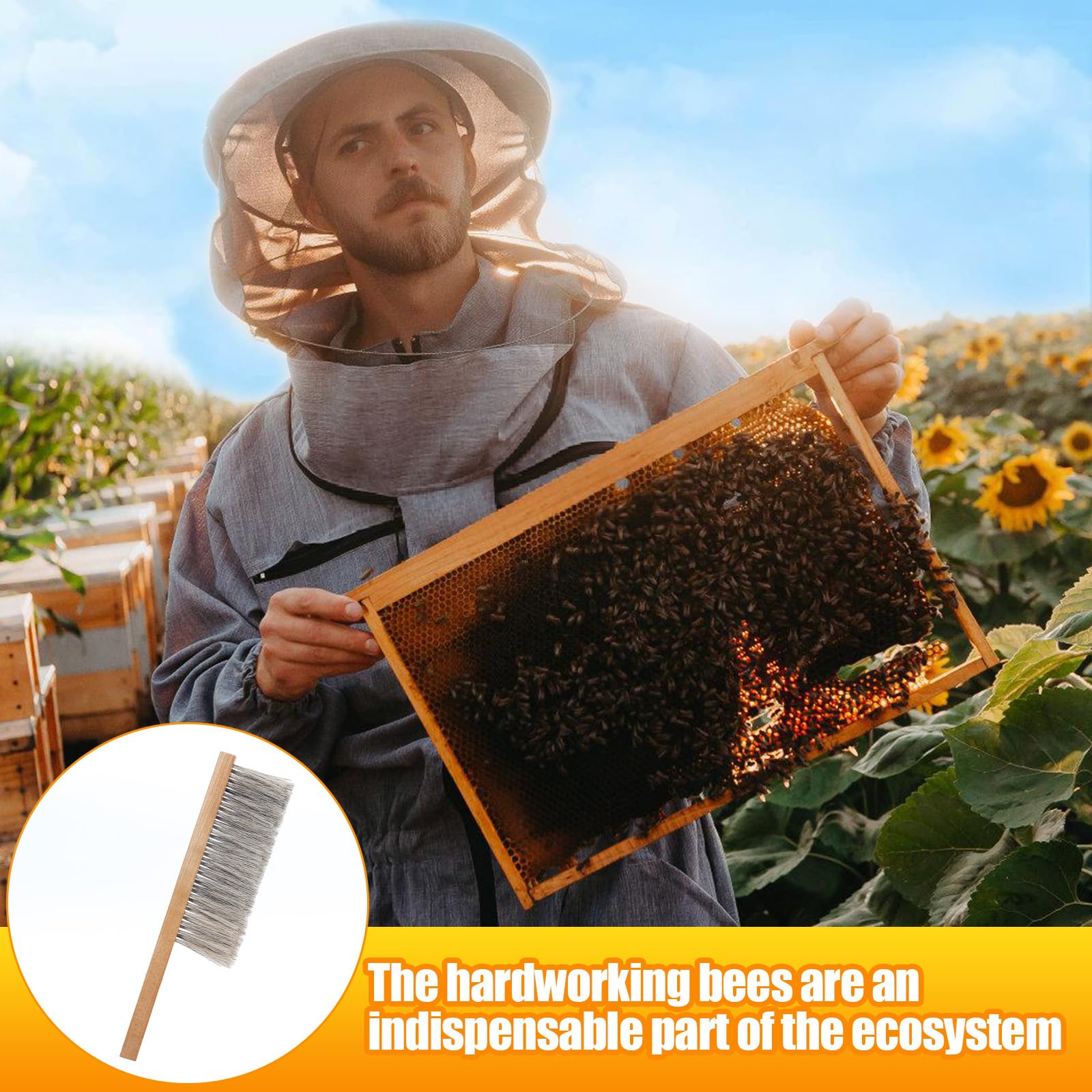 Acostop beekeeping brush removes bees gently from the hive during honey collection.