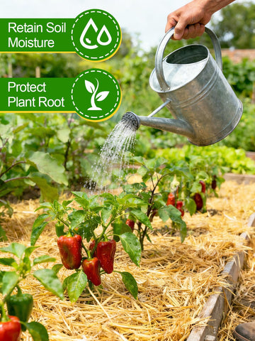 Acostop wheat straw mulch visible in garden bed promotes moisture retention and erosion control.