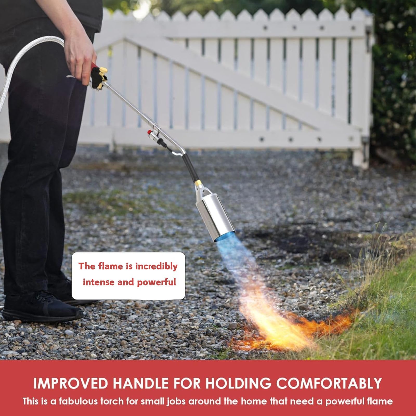 ACOVER weed burner showing applications for weed, ice, and paint removal