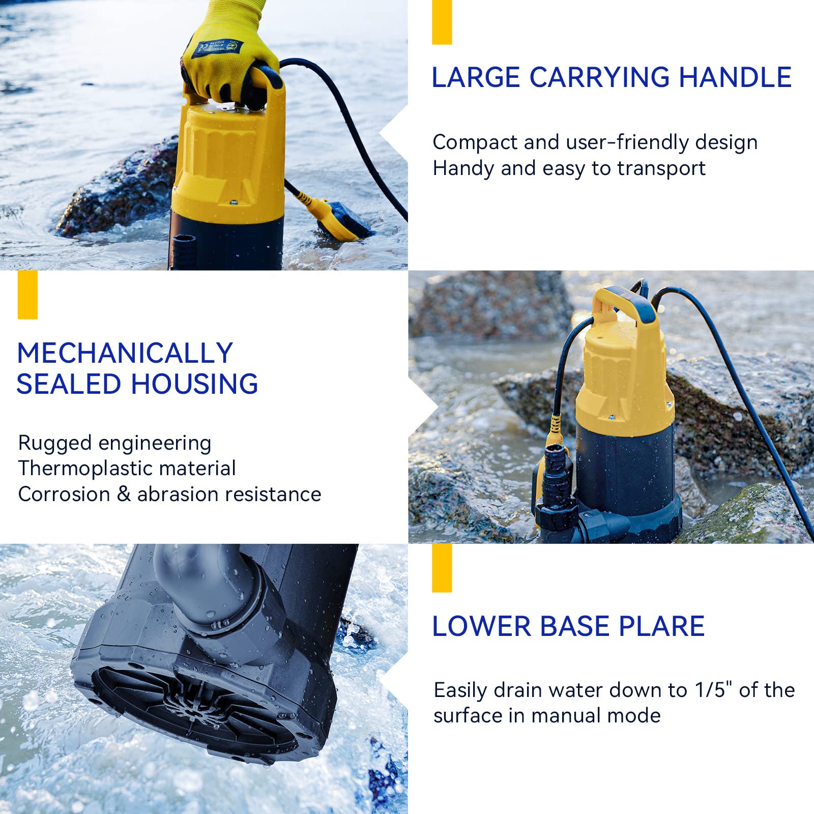 Acquaer sump pump float switch enabling automatic operation with water level changes