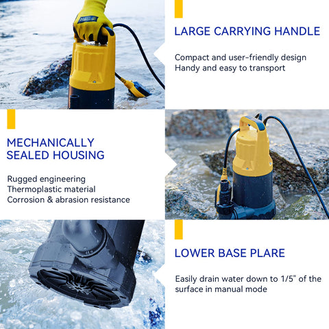 Acquaer sump pump float switch enabling automatic operation with water level changes