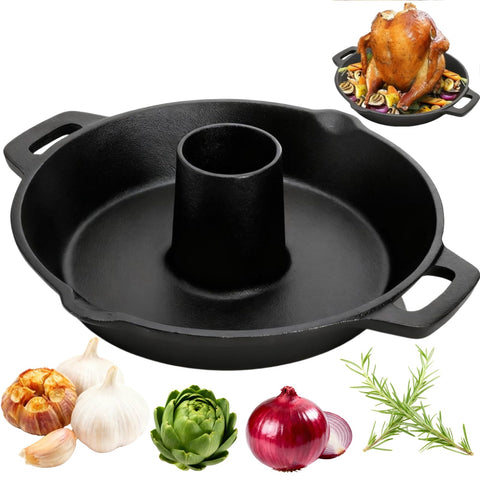 Acshio cast iron chicken roaster in oven for even heat and crispy skin.