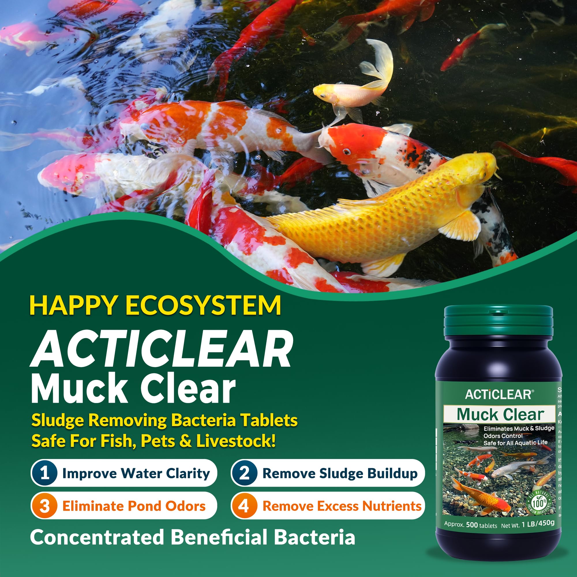 ActiClear Muck Clear tablets dissolving in water for improved clarity