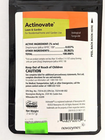 Actinovate lawn and garden fungicide bottle protects ornamentals organically.