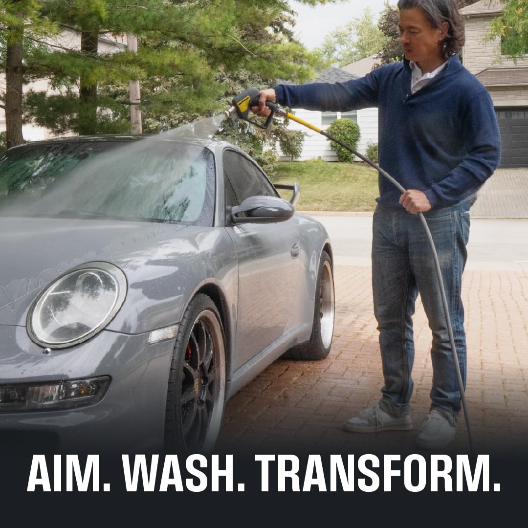 Active 100-foot hose reaching around a car for flexible cleaning reach.