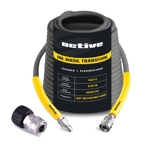 Active 100-foot pressure washer hose memory-free anti-kink design for easy setup.