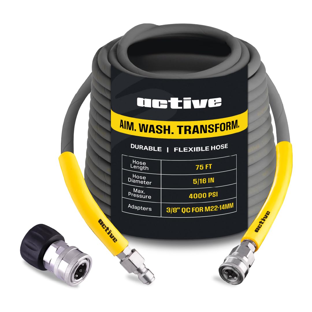 Active 75' pressure washer hose memory-free anti-kink for easy setup and smooth operation.