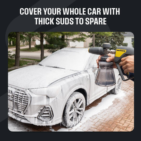 Active Foam Cannon adjustable knobs tailor foam thickness and spray angle.