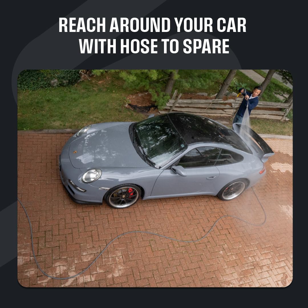 Active hose lets you reach around the car for stationary cleaning