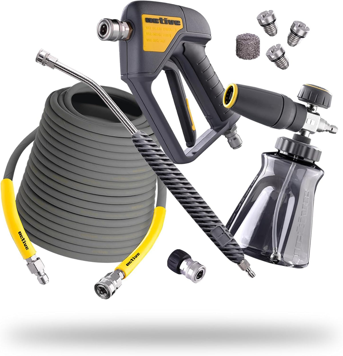 Active pressure washer accessory bundle with swivel gun and foam cannon for DIY car detailing