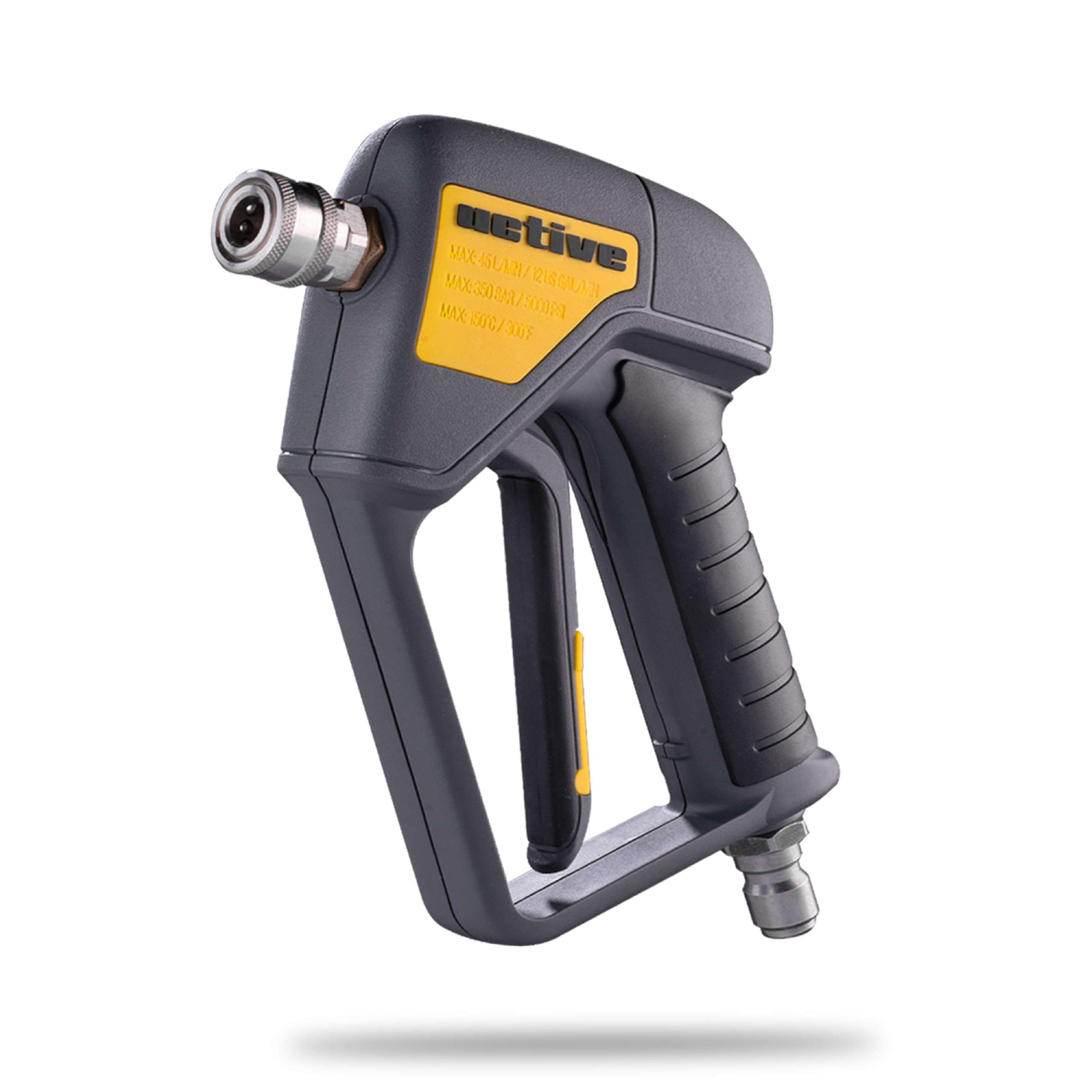 Active Swivel Gun with internal swivel design reduces hose tangles during washing.