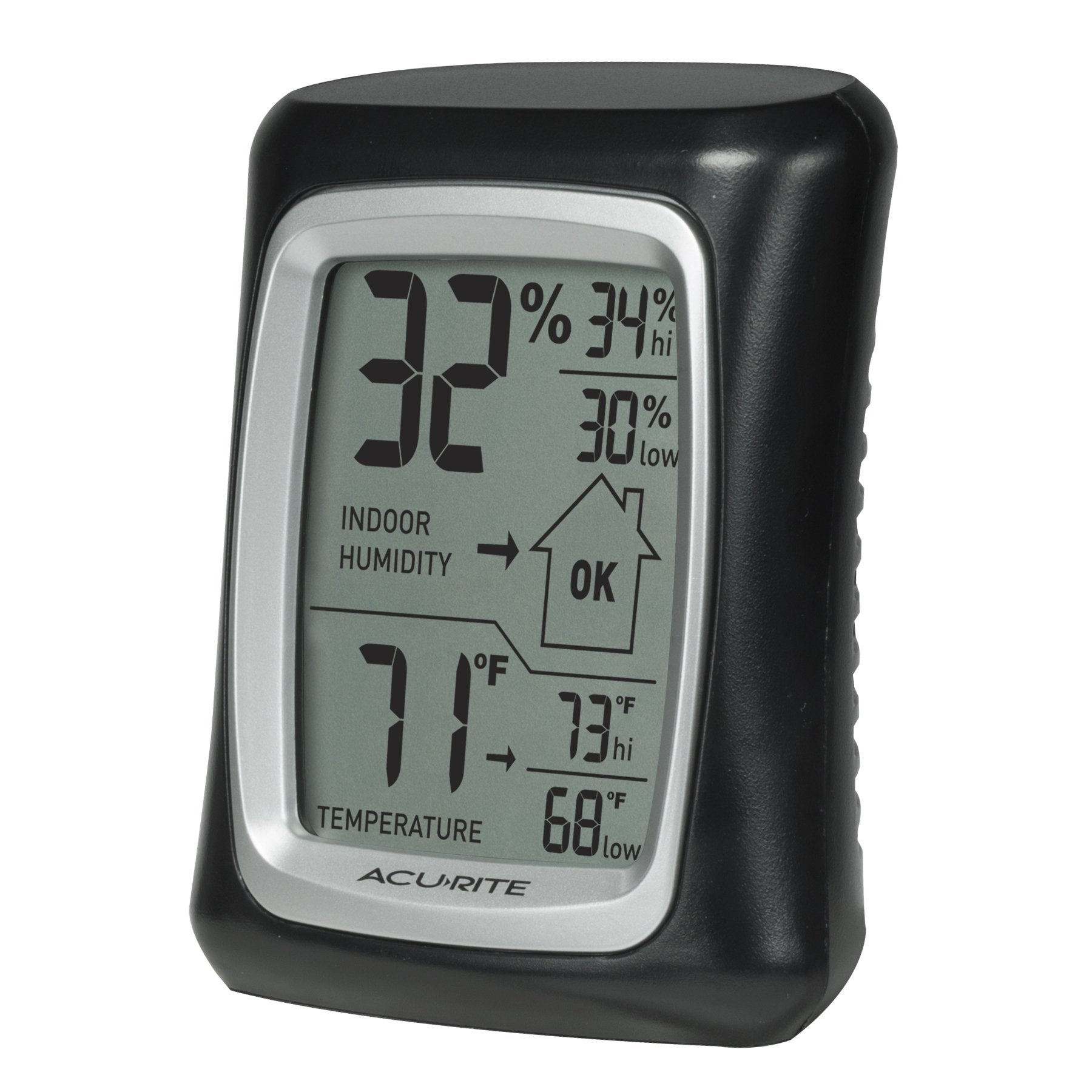 AcuRite indoor digital thermometer-hygrometer display shows current temp and humidity at a glance.