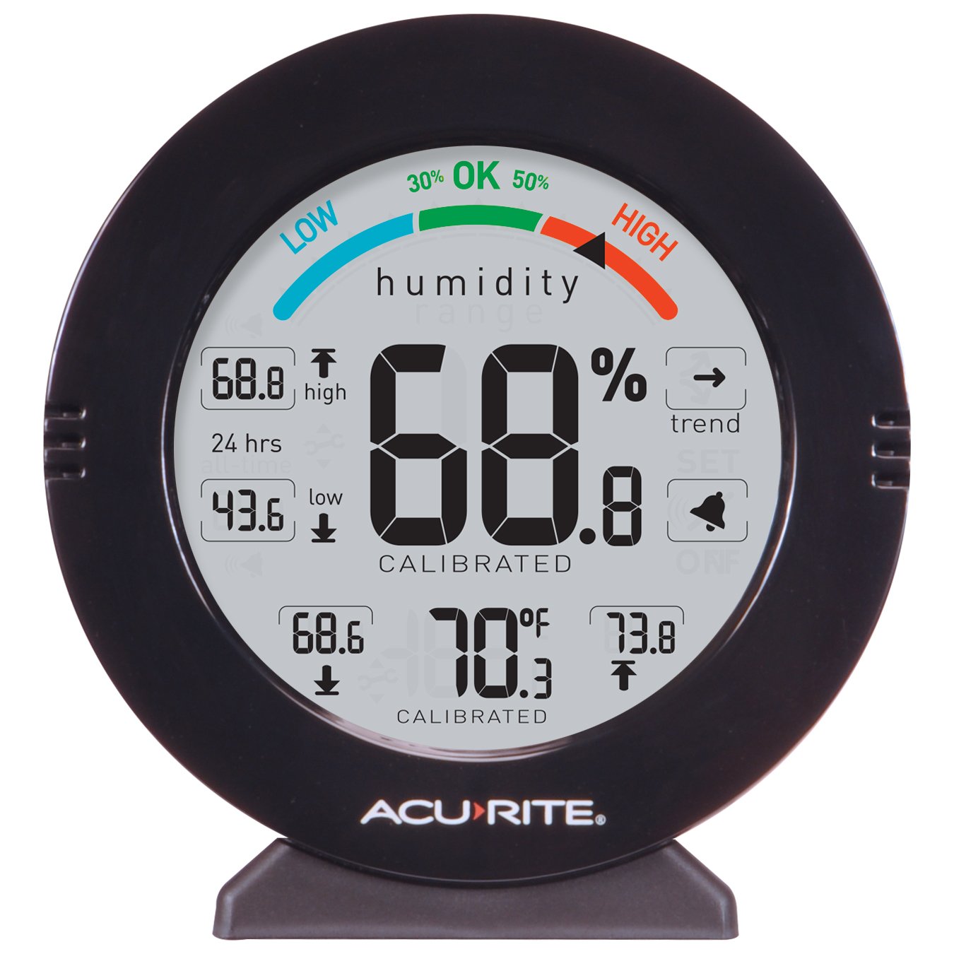 AcuRite 01080M humidity indicator highlights low, OK, or high levels for easy awareness.