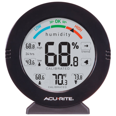 AcuRite 01080M humidity indicator highlights low, OK, or high levels for easy awareness.