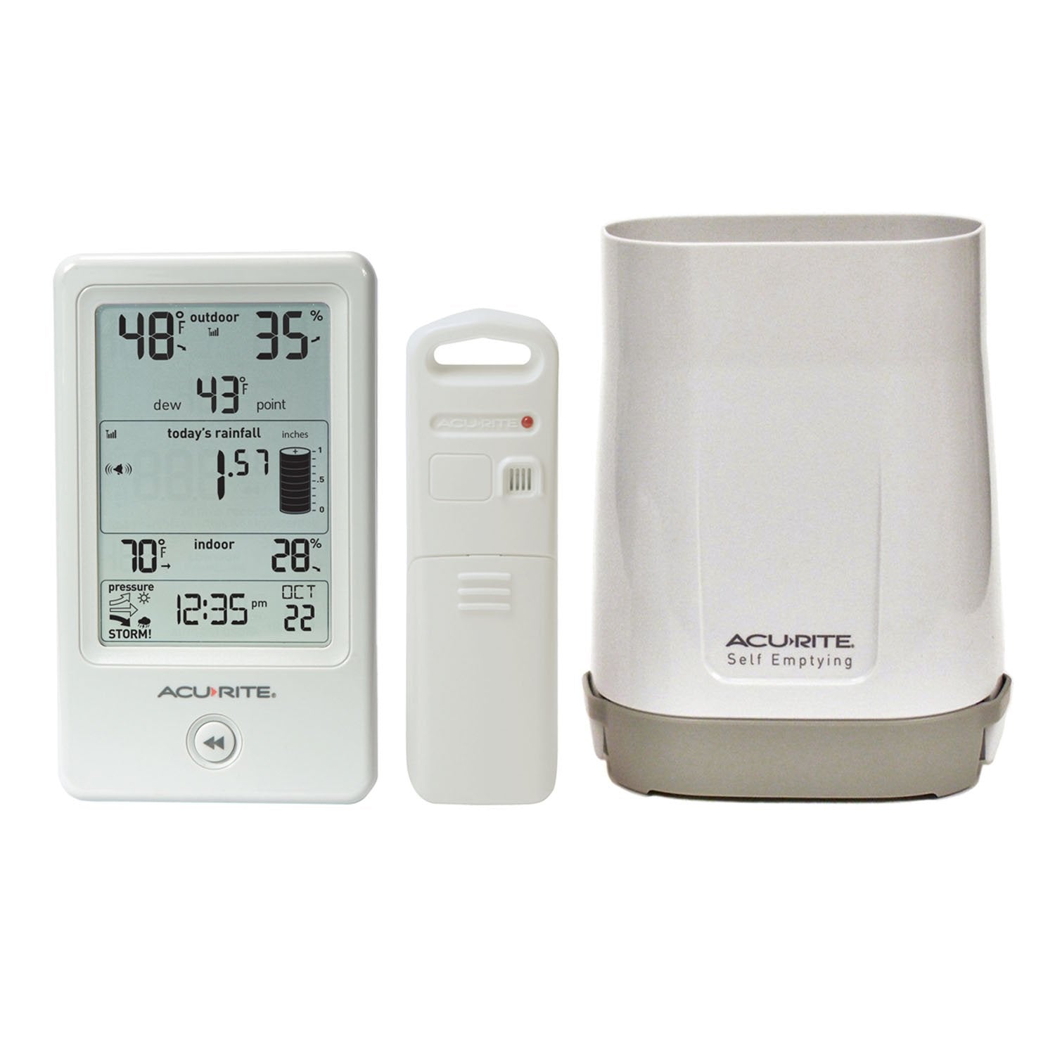 AcuRite 01089M rain gauge display with rainfall and temperature at a glance