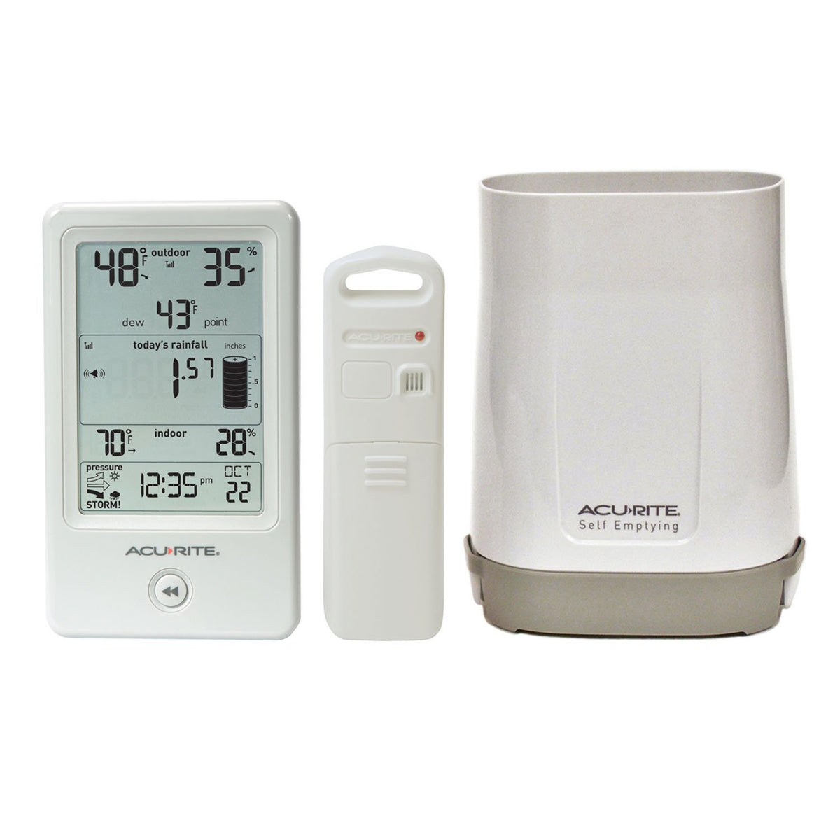 AcuRite 01089M rain gauge display with rainfall and temperature at a glance